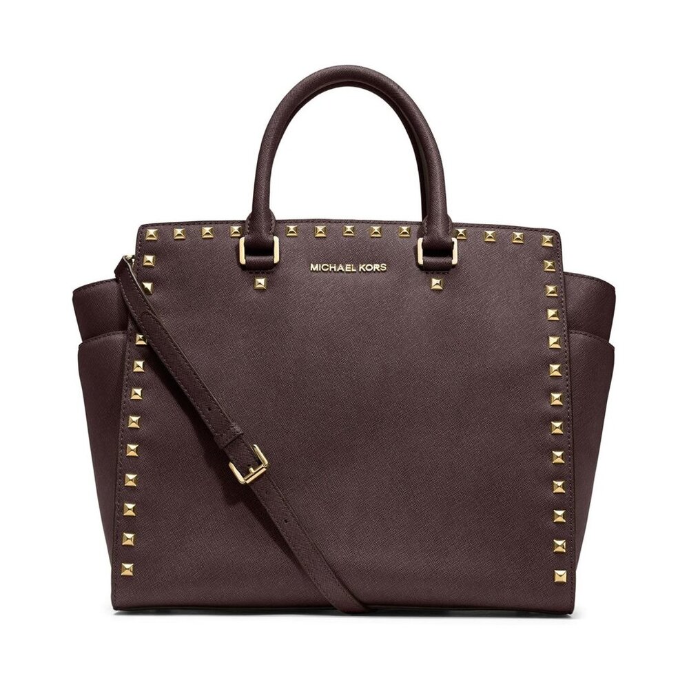 Michael Kors Selma Gold Studded Large Tote Bag Leather Coffee Brown Handbag NEW